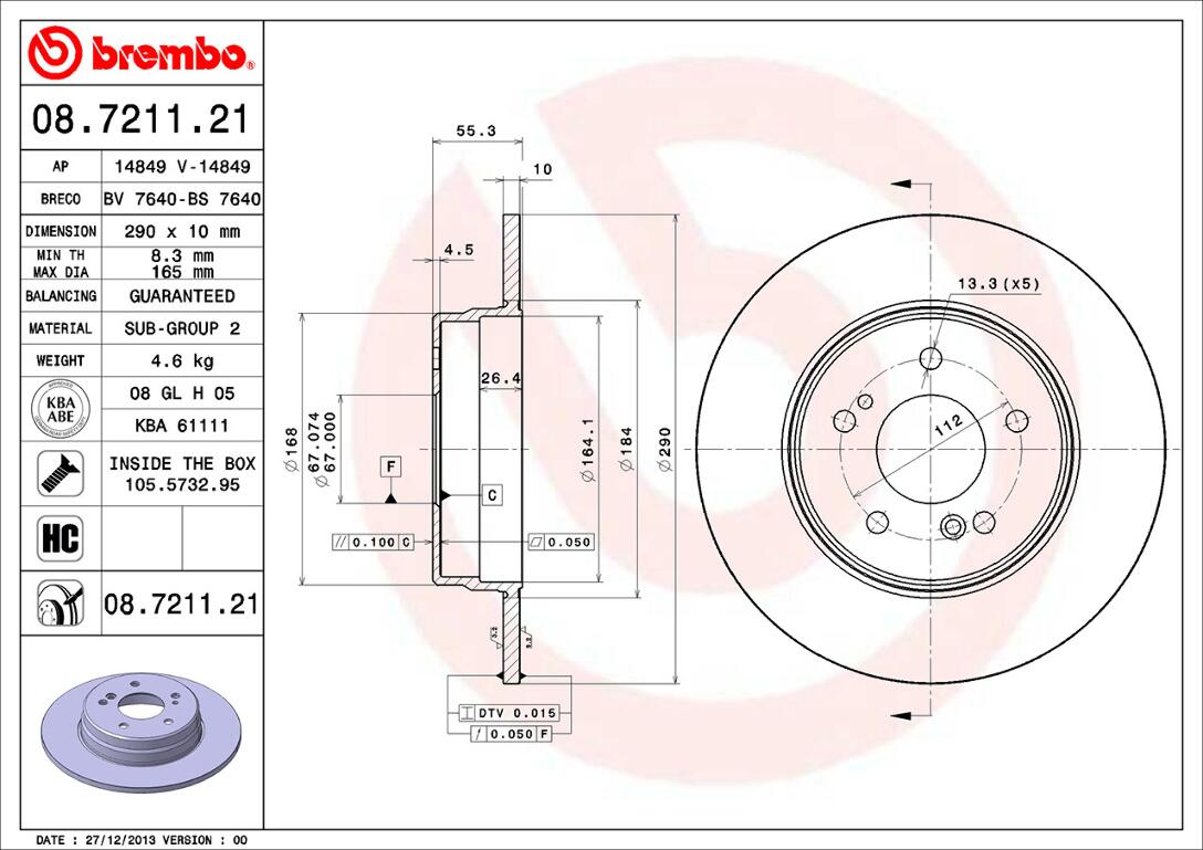 Mercedes Brembo Disc Brake Rotor - Rear (290mm) 210423101264